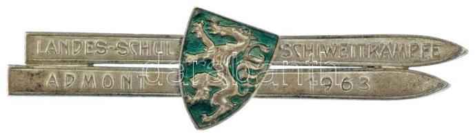 Ausztria 1963. "Állami Iskolai Síversenyek Admont" részben zománcozott, ezüstözött fém jelvény (75x20mm) T:AU patina Austria 1963. "Landes-schul Schiwettkämpfe Admont 1963" partially enameled, silvered metal badge (75x20mm) C:AU patina