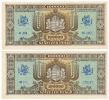 1945. 100.000P (2x) sorszámkövetők "M 201 073356 - M 201 073357", látványosan jobbra tolód...