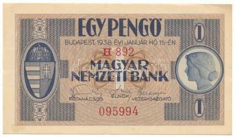 1938. 1P "H 892 095994" T:XF hajtatlan, de a sarkok és élek menetén hajlások Hungary 1938. 1 Pengő "H 892 095994" C:XF unfolded but with corner fold and edge creases Adamo P1