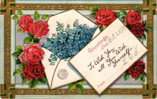 1909 "I wish you all you wish yourself" Art Nouveau, Emb. Floral greeting card with swastika (fa)