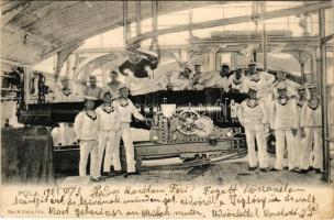 1905 Pola, Osztrák-magyar haditengerészeti matrózok egy ágyúval a hajó belsejében / K.u.k. Kriegsmarine Matrosen / Austro-Hungarian Navy mariners with a gun in the warship. M. Clapis