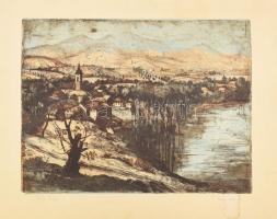 Mészáros Lajos (1925-1971): Téli táj. Színezett rézkarc, papír, jelzett, lap szélén sérülésekkel és folttal, 29×38,5 cm