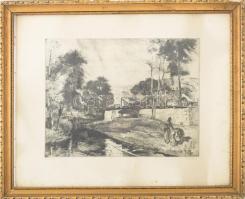 Nagy Zoltán (1916-1987): Faluvége. Rézkarc, papír, jelzett, lap széle kissé foltos, üvegezett fakere...