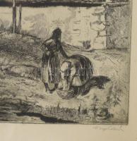 Nagy Zoltán (1916-1987): Faluvége. Rézkarc, papír, jelzett, lap széle kissé foltos, üvegezett fakere...