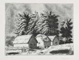 Tarjáni Simkovits Jenő (1895-1995): Három ház. Rézkarc, papír, jelzett. Lapszéli hajtásnyomokkal. 22,5×29,5 cm