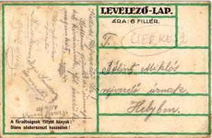 Cserkész művészlap. A fáradtságnak fittyet hányok: Diana sósborszeszt használok! reklám a hátoldalon...