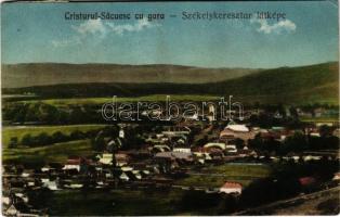 1936 Székelykeresztúr, Kristur, Cristuru Secuiesc; látkép, vasútállomás. Szemerjay Károly kiadása / Cristurul-Sacuesc cu gara / general view, railway station (fa)