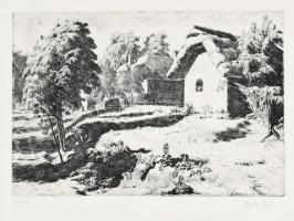 Tarjáni Simkovits Jenő (1895-1995): Faluvége. Rézkarc, papír, jelzett. Lapszéli hajtásnyomokkal. 29×40,5 cm