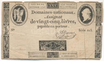 Franciaország / Első Francia Köztársaság 1792. 25L szükségpénz T:VG, szakadások First French Republic 1792. 25 Livres necessity money (notgeld) C:VG, tears Krause P#A67