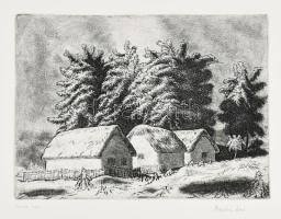 Tarjáni Simkovits Jenő (1895-1995): Három ház. Rézkarc, papír, jelzett. Hajtásnyomokkal. 22,5×29,5 cm