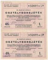 1942. "48. Magyar Királyi Osztálysorsjáték" 1. osztály egynegyed sorsjegye (2x) "A" + "B" vízjeles papíron, vágatlan ívben, felülbélyegzéssel T:AU, ceruzás firka