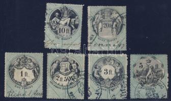 1873 Az okmánybélyeg sor 6 db klf Ft-os  értéke berakólapon