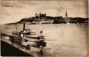 Pozsony, Pressburg, Bratislava; Duna part, "POZSONY" gőzhajó, vár. Vasúti Levelezőlapárusítás 7338. / Danube riverside, steamship, castle (gyűrődések / creases)