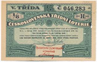 Csehszlovákia 1928. "18. Csehszlovák Osztálysorsjáték" ötödik osztály 1/8-ad sorsjegye, "BANKOVNI DUM KNAPP KOMÁRNO" bélyegzéssel T:VF, hajtatlan de lyukak Czechoslovakia 1928. "18. Ceskolovenská Trídní Loterie" 5th class, 1/8 lottery ticket, with "BANKOVNI DUM KNAPP KOMÁRNO" cancellation C:VF, unfolded but holes