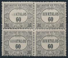 1921/24 Hivatalos 60f négyestömb, 1 bélyegen hiányos, 1 bélyegen halványabb HIVATALOS felirat