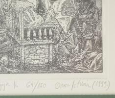 Orosz István (1951-): Bolondok hajója V., 1999. Rézkarc, papír, jelzett. Számozott (64/150). Üvegeze...