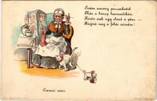 Czenczi néni. Öcsém asszony panaszkodik, Már a hónap harmadikán, Kezén csak úgy olvad a pénz, Rúgná meg a fehér cicám! L.M.L &amp; F. Athenaeum kőnyomása / Hungarian humour, cat, lady. litho (EK)