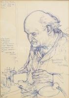 László Gyula (1910-1998): Füst Milán portréja (Füst Milán elmondotta új meséjét...), 1956. VIII.17. Tus, papír, László Gyula által jelzett és Füst Milán autográf dedikációjával László Gyula részére, üvegezett fakeretben, 29×20,5 cm