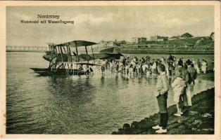 Norderney, Weststrand mit Wasserflugzeug. Verlag Hanke &amp; Wolkwitz / Nyugati strand hidroplánnal / beach, hydroplane (fl)