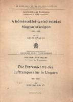 Bacsó Nándor: A hőmérséklet szélső értékei Magyarországon 1901-1950. -- Die Extremwerte der Lufttemperatur in Ungarn 1901-1950. [Sajtó alá rendezte: Kakas József.] Budapest, 1952 [!1953]. (Athenaeum [ny.]) 112 p. Egyetlen kiadás. Oldalszámozáson belül 32 térképvázlattal, valamint szemléltető ábrákkal, grafikákkal és táblázatokkal illusztrált. A kötet végén rövid német nyelvű szövegkivonat. (Magyarország éghajlata -- Das Klima von Ungarn 8.) Fűzve, gerincén enyhén sérült kiadói borítóban, jó példány.