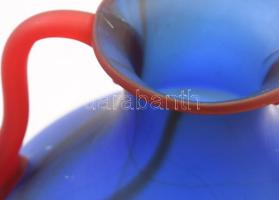 2 darab antik kéküveg váza, vörösüveg fülekkel, anyagában színezett savmaratott üveg, jelzés nélkül,...