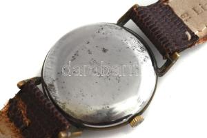 Baskai kézi felhúzós karóra. Arany szín számlappal. Működőképes szerkezet, bőr szíjjal d: 31 mm