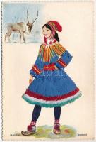 Hímzett népviseletű lappföldi svéd nő, rénszarvassal / silk embroidered woman in folk costume with reindeer from Swedish Lapland (gyűrődések / creases)