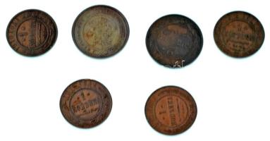 Orosz Birodalom 1910-1913. 1k Cu - 2k Cu (6xklf) T:XF-F, patina Russian Empire 1910-1913. 1 Kopeck Cu - 2 Kopecks Cu (6xdiff) C:XF-F, patina