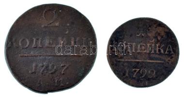 Orosz Birodalom 1797EM 2k Cu + 1799AM 1k Cu T:F, patina Russian Empire 1797EM 2 Kopecks Cu + 1799AM. 1 Kopeck Cu C:F, patina