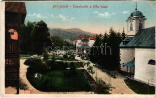 Bártfafürdő, Bardejovské Kúpele, Bardiov, Bardejov; Templom tér a főforrással. Eschwig és Hajts kiadása, Hajts Kornél felvétele / square, church, spa (vágott / cut)