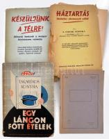 4 db háztartási témájú könyv, szakácskönyv, receptfüzet: [Mayercsák Rezsőné]: Egy lángon főtt ételek. Takarékos konyha. Bp., [1939], Singer és Wolfner. Kiadói papírkötés, kissé sérült, foltos borítóval. + Z. Tábori Piroska: Háztartás háztartási alkalmazott nélkül. Bp., é.n., Singer és Wolfner. Kiadói papírkötés, sérült, szétvált borítóval. + Z. Tábori Piroska: Készüljünk a télre. Időszerű tanácsok a magyar háziasszony számára. Bp., 1940, Singer és Wolfner. Kiadói papírkötés, kissé sérült, foltos, a könyvtesttől különvált borítóval. + Kézzel írt receptfüzet, 18 beírt oldal