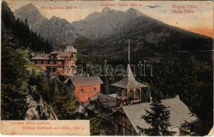 1909 Tátra, Magas-Tátra, Vysoké Tatry; Kohlbach szálloda, Lomnici csúcs. Franz Pietschmann kiadása / Hotel Kohlbach, Mittelgratturm, Lomnitzer Spitze (fa)