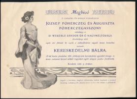 1906 Meghívó ő császári és királyi fenségeik József főherceg és Auguszta főhercegasszony védnöksége és Wekerle Sándor díszelnöksége alatt tartandó kereskedelmi bálra, szecessziós illusztrációval, 19,5x27,5 cm