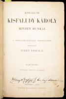 Kisfaludi Kisfaludy Károly minden munkái. I., II-IV. köt. [Egy kötetben.] A Kisfaludy-Társaság megbizásából szerkeszté: Toldy Ferencz. Pest, 1859, Heckenast Gusztáv, 200 p.; 228+1 p.; 206+1 p. Ötödik öszves kiadás. Félvászon-kötés, kopott borítóval, az első lap javított, foltos lapokkal, a címlapon bejegyzéssel, hiányzó címképpel.