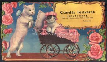 cca 1924 Csordás Testvérek jászladányi vegyeskereskedő naptártartó reklámtáblája, szecessziós karton olajnyomat, szép állapotban, szign. Zsolt, 19×33 cm