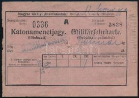 1917 M. Kir. Államvasutak, katonamenetjegy Máramarosszigetről Szatmárra (Szatmárnémeti)