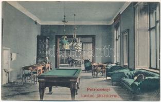 1907 Petrozsény, Petrosani; Kaszinó játszóterme, biliárd asztal, belső. Steiner R. kiadása / casino interior, playroom, pool table + "PETROZSÉNY - PISKI 128. sz." vasúti mozgóposta bélyegző (EK)