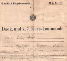 1910 Temesvár, Cs. és Kir. VII. Hadtestparancsnokság (K. u. K. 7. Korpskommando) által kiállított né...