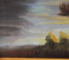 Olvashatatlan jelzéssel: Faluvége gémeskúttal. Olaj, vászon. Dekoratív, kissé sérült fakeretben. 50x...