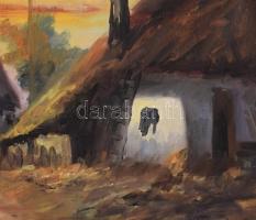Olvashatatlan jelzéssel: Faluvége gémeskúttal. Olaj, vászon. Dekoratív, kissé sérült fakeretben. 50x...
