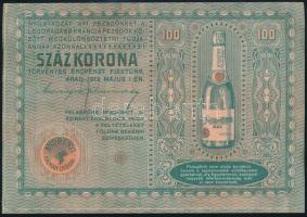 1913. 100 Koronás bankjegy mintájára készült jegyzéklap, Andrényi Kálmán utódai, Arad, szecessziós pezsgő reklám (120x180 mm