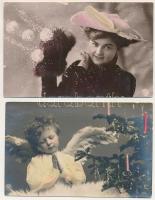 5 db RÉGI zsáner képeslap hölgyekkel, hátoldalakon bélyeg alatti titkos üzenetekkel