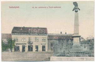 Székelyhíd, Sacueni; M. kir. adóhivatal és Turul szobor, Gazdasági és Iparbank részvénytársaság, Bartha Lajos üzlete. Kohn Sámuel kiadása / tax office, bank, shop , monument