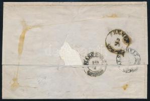 1857 2 x 3kr C.M. illetékbélyeg postai felhasználása levélen, ritka küldemény (a levél több helyen m...