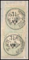 1857 2 x 3kr C.M. illetékbélyeg postai felhasználása levélen, ritka küldemény (a levél több helyen m...