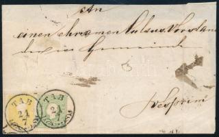 ca. 1858 2kr és 3kr lépcsősen felragasztva levéldarabon / on piece of cover "TAB"