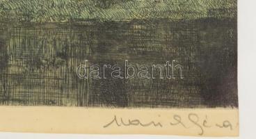 Marich Géza (1913-1985): Erdei tó. Színezett rézkarc, papír, jelzett. Üvegezett fakeretben, 29×37 cm