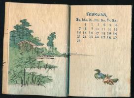 1909 Japán rizspapírra készített német nyelvű havi bontású kalendáriumfüzet 20 db sok színezett ábrá...