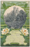 1901 Breclav, Lundenburg, Leventevár; Schloss Lichtenstein / castle, park. Art Nouveau floral litho (fa)