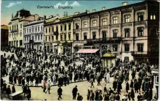 1917 Chernivtsi, Czernowitz, Cernauti, Csernyivci (Bukovina, Bucovina, Bukowina); Ringplatz / shops, square, market (kopott sarkak / worn corners)